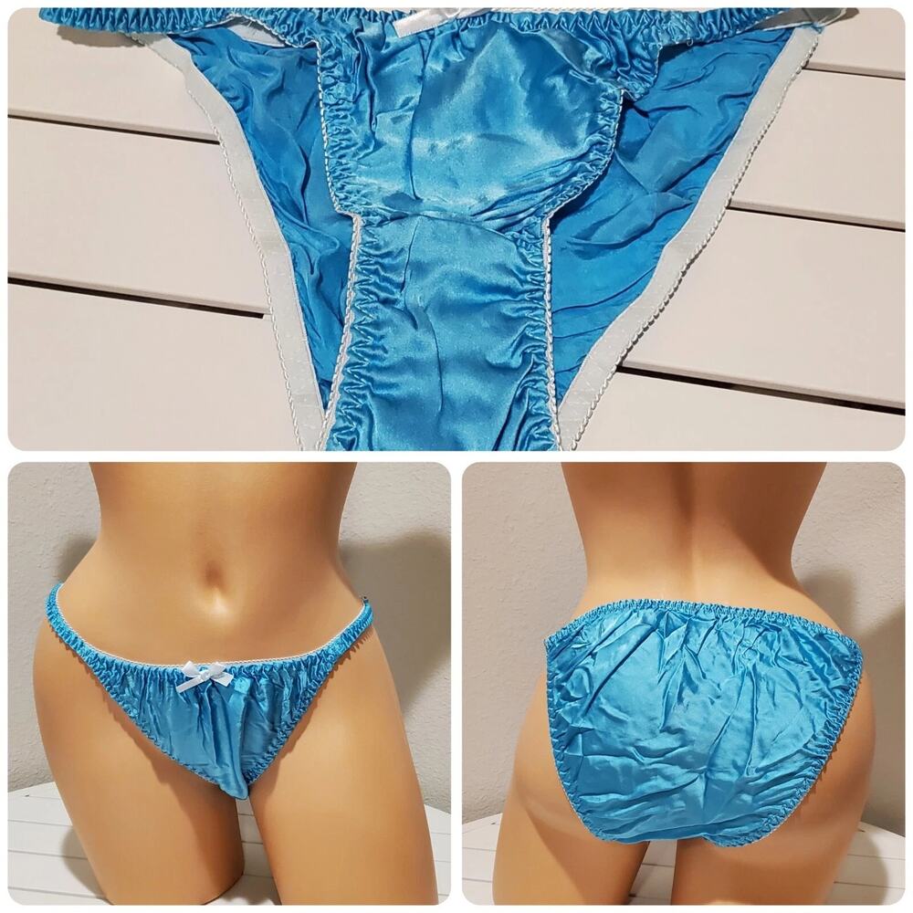 Liquid Satin String Bikini Panty Shiny Double Silk Gusset Vivid Sky Blue 8/XL